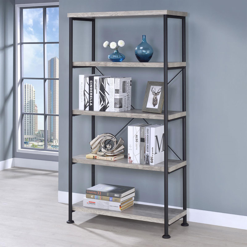 Bibliothèque de style industriel à 4 tablettes avec charme rustique et design polyvalent, Gris