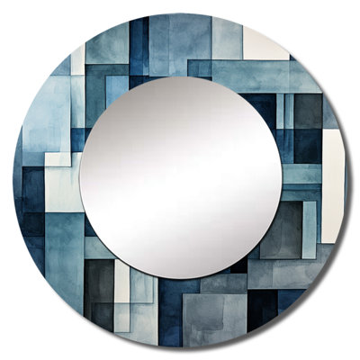 Indigo Illusion Abstract Shapes II - Abstract Shapes Decorative Wall Mirror, Modern Round Mirror, Printed Metal Art