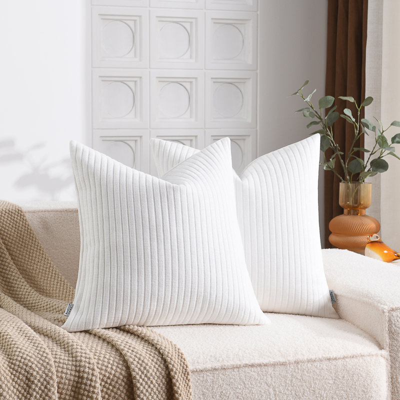 Soft Chenille Stripes Solid Cushion Cover Cozy Neutral Farmhouse Pillow Covers, Square 18", White