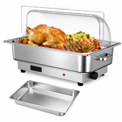 9QT Electric Buffet Server & Food Warmer – 400W Adjustable Temp Stainless Steel Chafing Dish, Roll Top Clear PC Lid, 0.7" Thick Aluminum Base, 1x1/1 Food Plate Independent Site