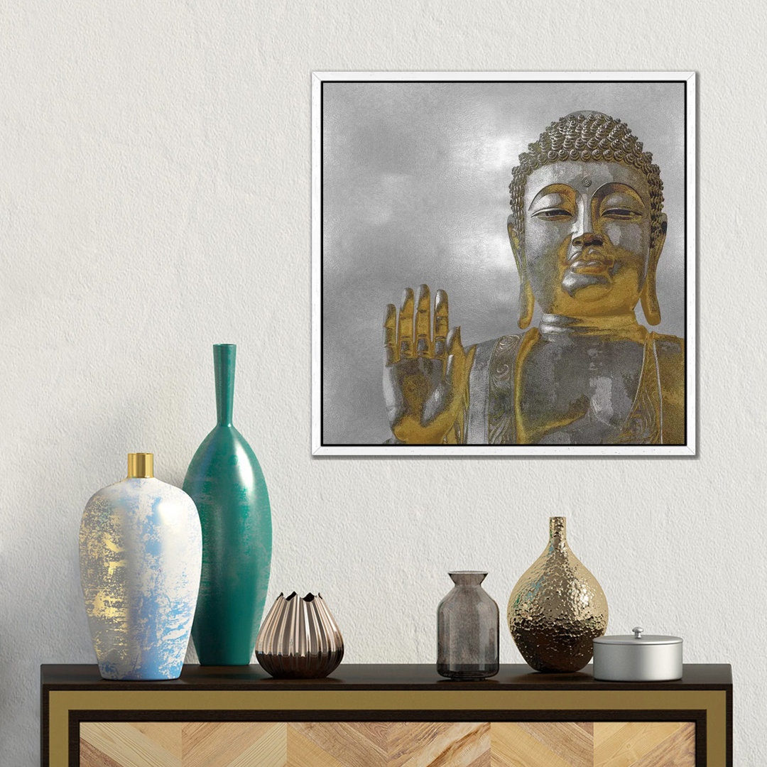 Silberner und goldener Buddha von Tom Bray - Galerie-verpackte Leinwand Giclée auf Leinwand