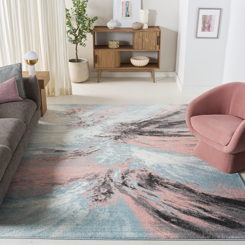 Tapis abstrait rose / bleu / gris Donnovan, Carré 6 pi 7 po