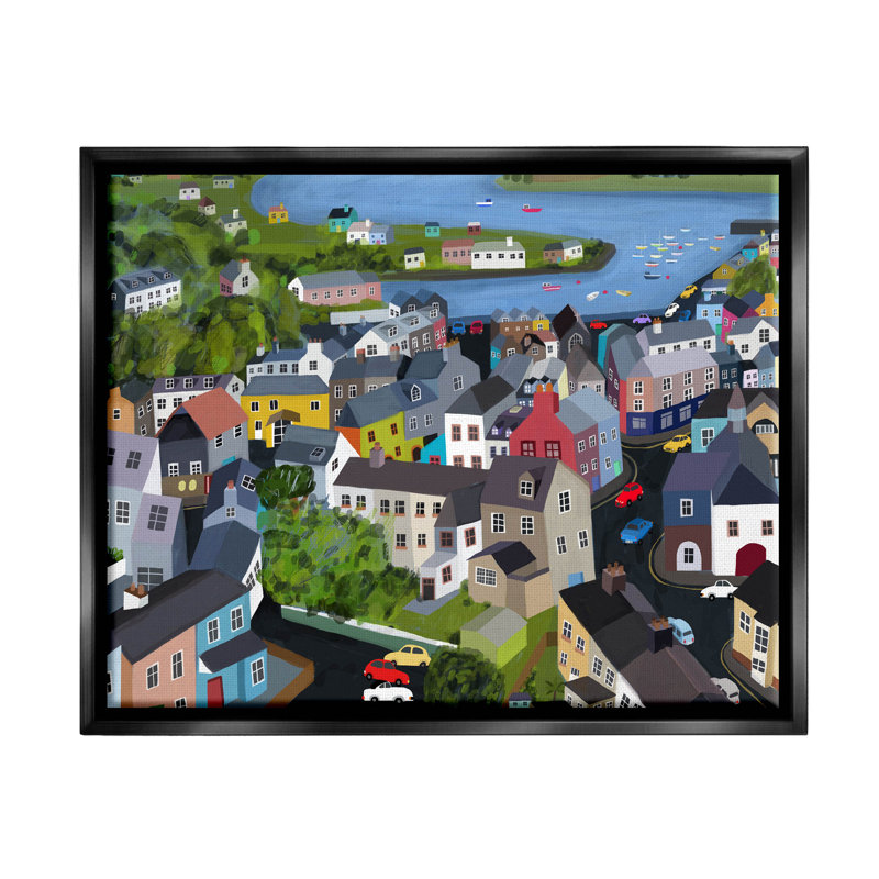 «Quartier maisons rivière architecture» par Carla Daly - cadre flottant, impression sur toile, Cadre flottant noir de jais