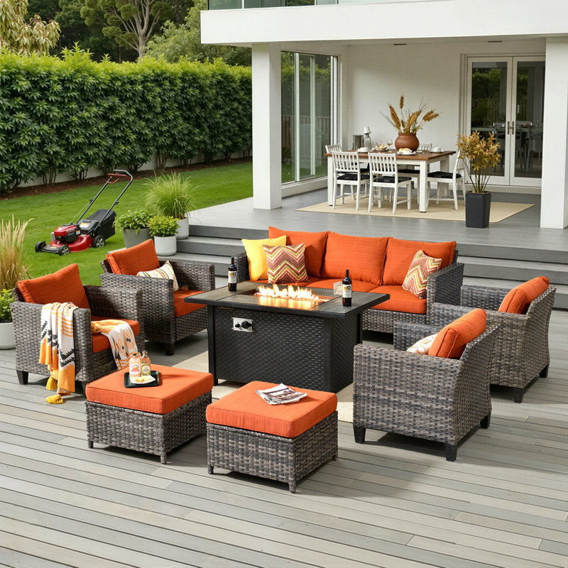 Allcot 9 - Person Patio Conversation Set with Cushions, Orange Red