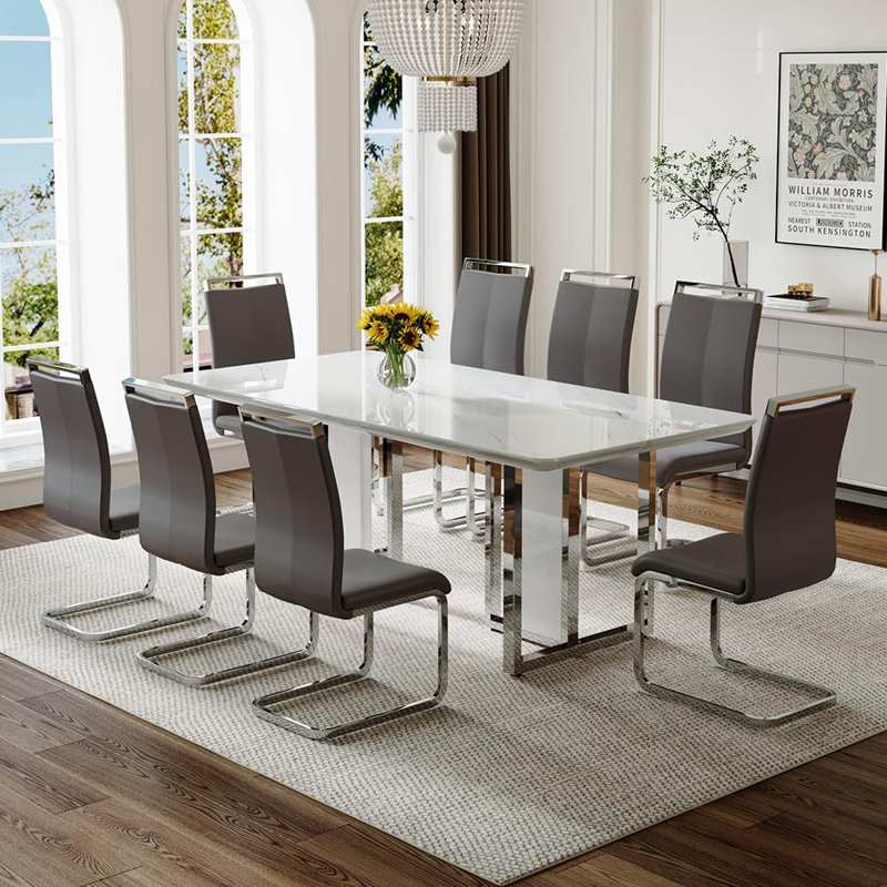 Ensemble de table de salle à manger blanc pour 8 personnes, ensemble de table de salle à manger de 78,7 po avec pieds chromés, ensemble de table et chaises de cuisine moderne pour 8 personnes, salle à manger ultrabrillante et robuste