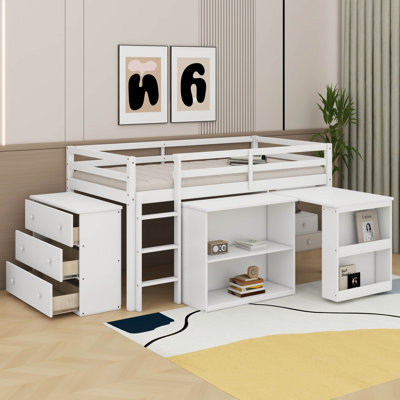 Lit mezzanine simple avec armoire à tiroirs, armoire à tablettes et bureau