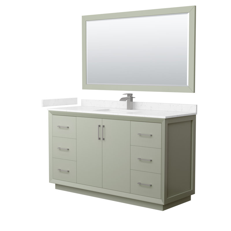 60'' Single Bathroom Vanity with Cultured Marble Top, Brushed Nickel, Light Green, White Cultured Marble