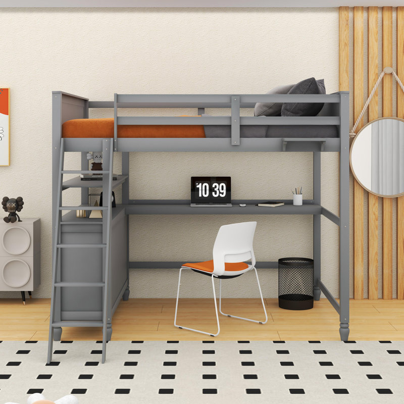 Lit mezzanine double avec tiroirs et bureau Jamarus, gris