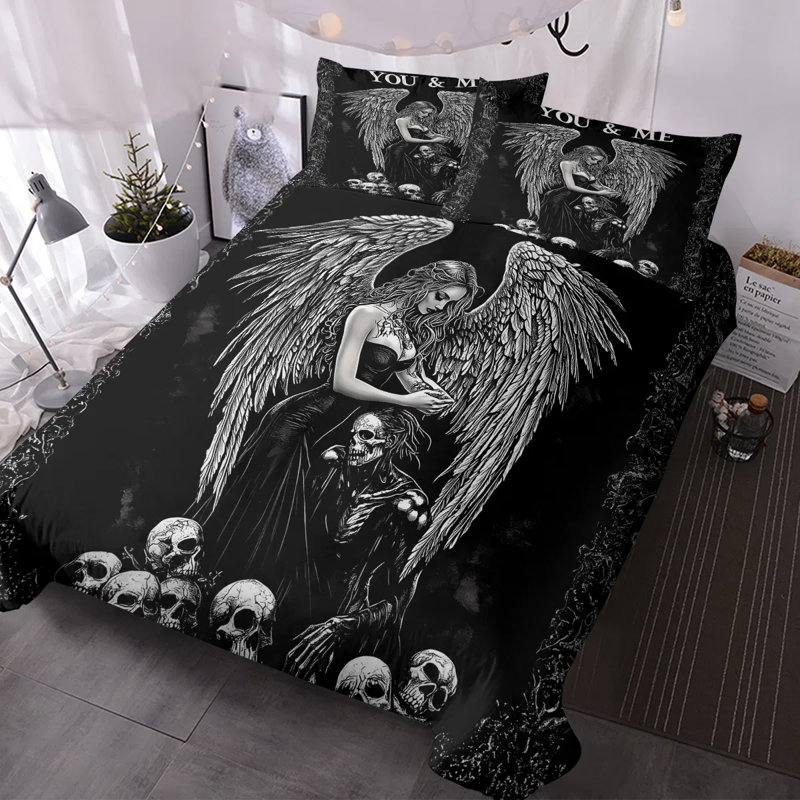 Ensemble de housse de couette Dark Angel Skull 3 pièces, literie à imprimé gothique avec 1 housse de couette et 2 taies décoratives