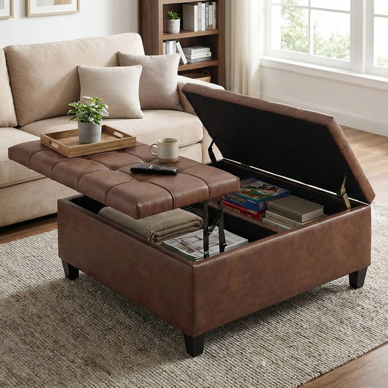 Harrison 36"W Upholstered Vegan Leather Transitional Square Lift-Top Ottoman with Hidden Storage
