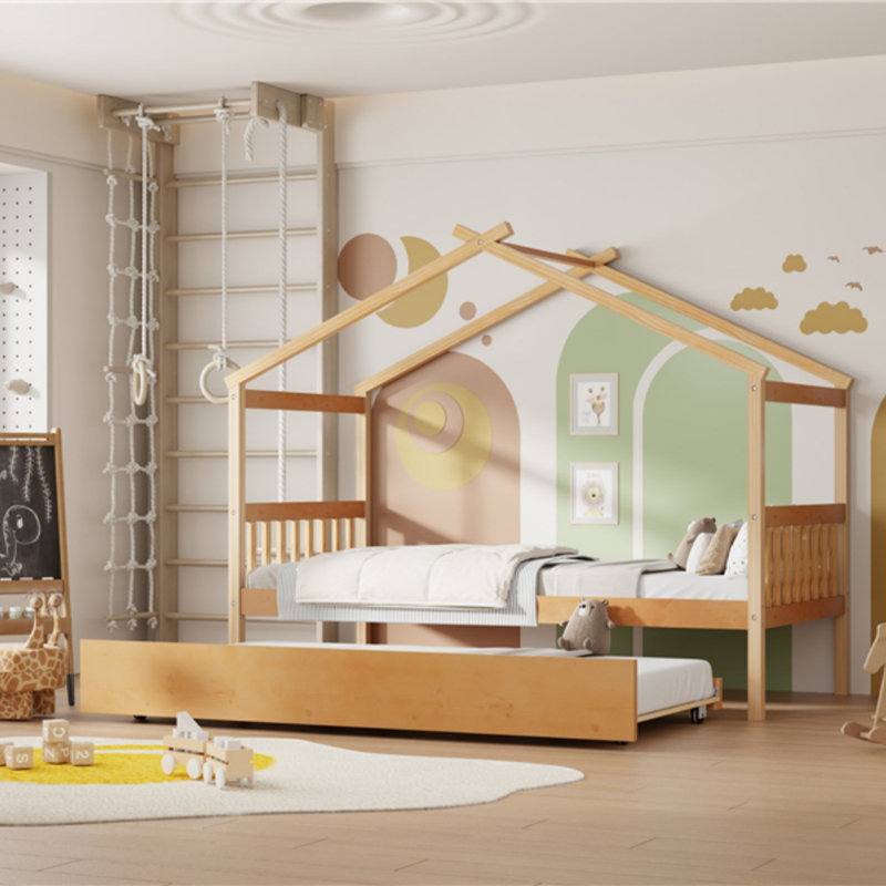 Lit simple en bois avec lit gigogne, idéal pour les chambres d'enfants, encourageant la créativité et maximisant l'utilisation de l'espace