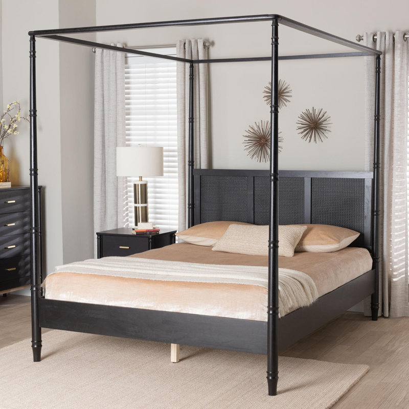 Baxton Studio Gradimir Canopy Bed With Synthetic Rattan Headboard - Black Wood Bed Frame With Bamboo-Inspired Posts, Modern Transitional Bedroom Accent Furniture, King Size