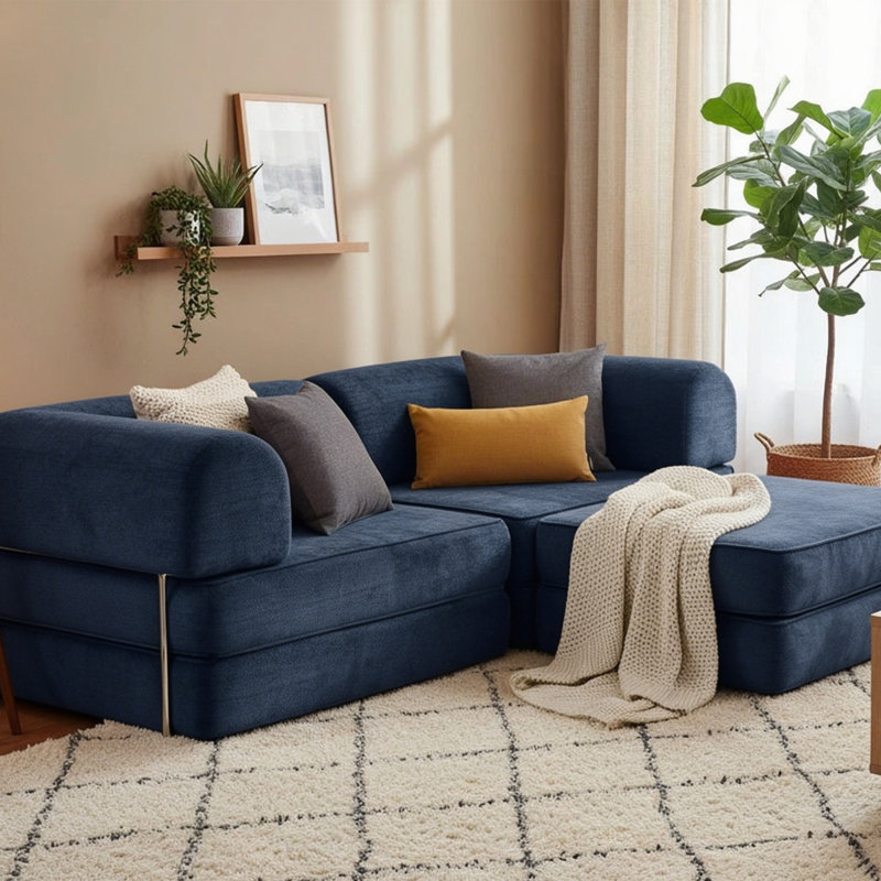 Velvet Compressed Daybed lounge Sofa with Ottoman, Dark Blue Velvet