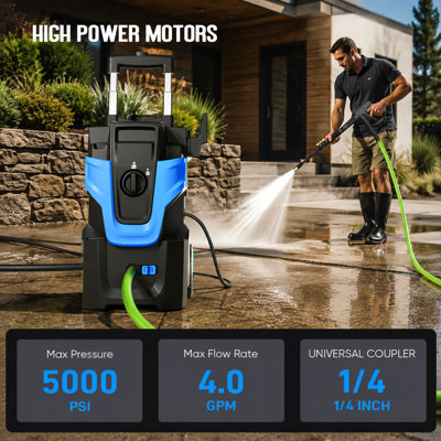 Nettoyeur haute pression électrique robuste 5000 PSI, 3 vitesses réglables, avec tige de traction à 2 niveaux, 4 buses, canon à mousse et flacon de savon de 500 ml pour le nettoyage de la voiture, de la maison et de l'extérieur, bleu