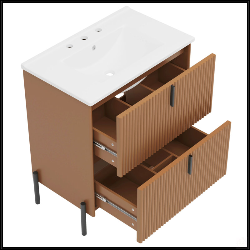 Meuble-lavabo de 30 pouces avec lavabo en céramique, tiroirs à fermeture en douceur et conception cannelée, Marron foncé