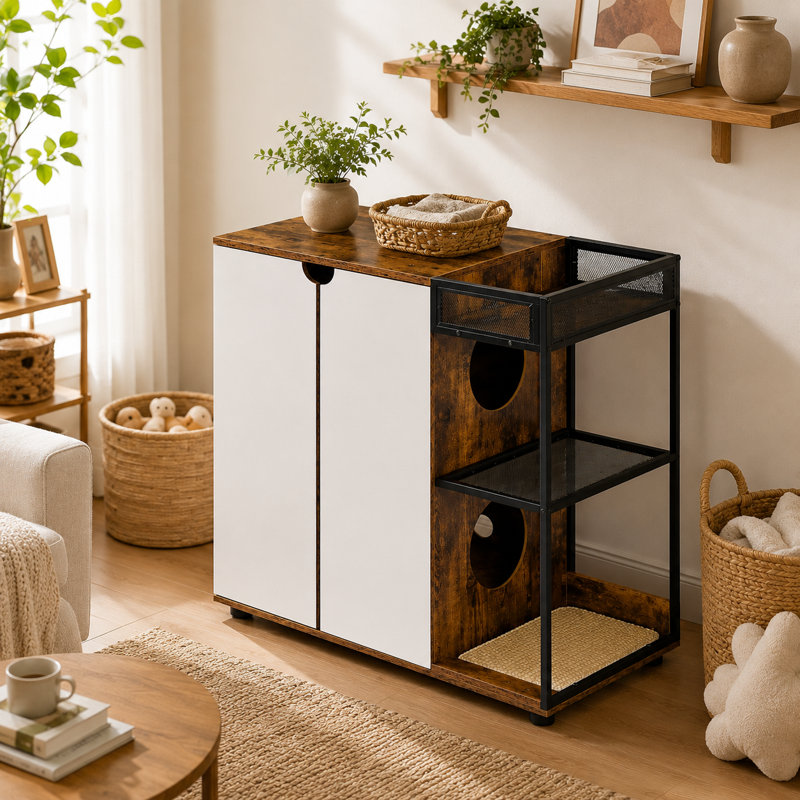 Armoire à litière pour chat 34,1 pouces à double couche avec support latéral en filet, deux entrées rondes, portes cachées pour le salon