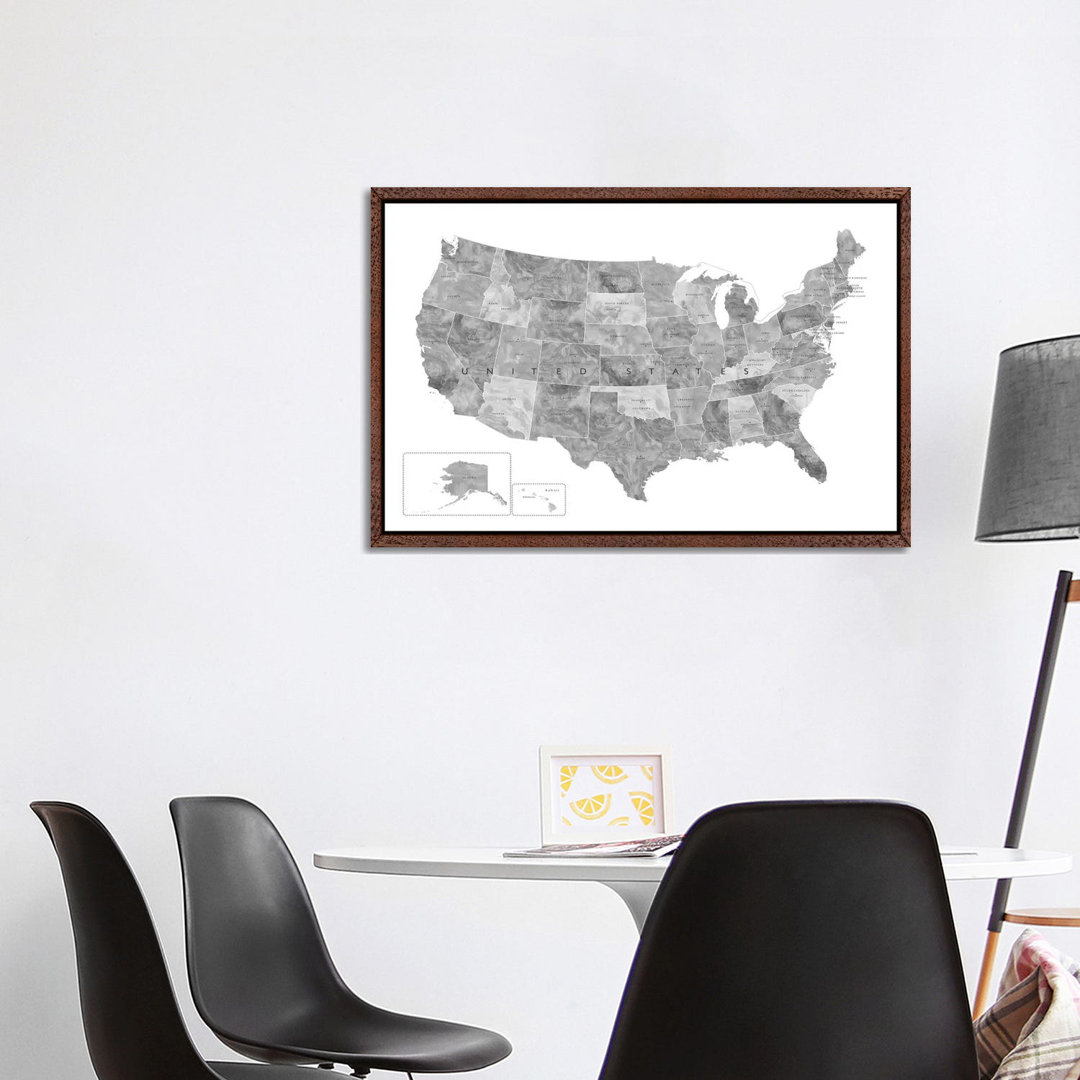 Gray Watercolor Map Of The Usa With States And State Capitals by Blursbyai - Gallery-Wrapped Canvas Giclée on Canvas