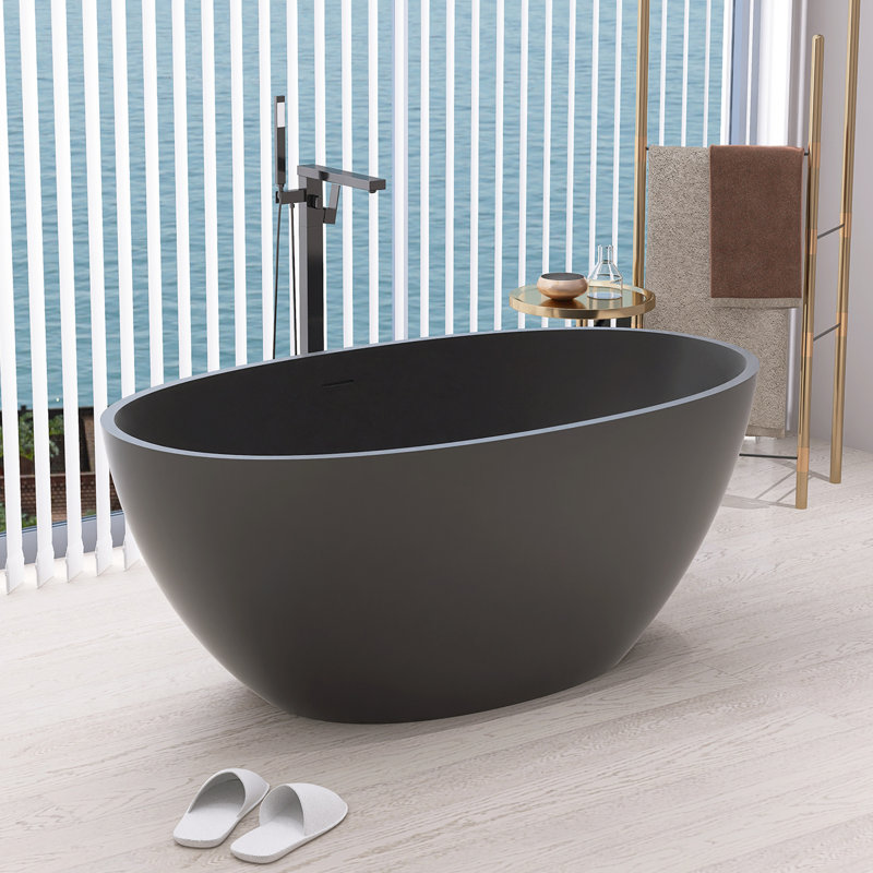 55-Inch Freestanding Solid Surface Bathtub With Drain, Matte Black