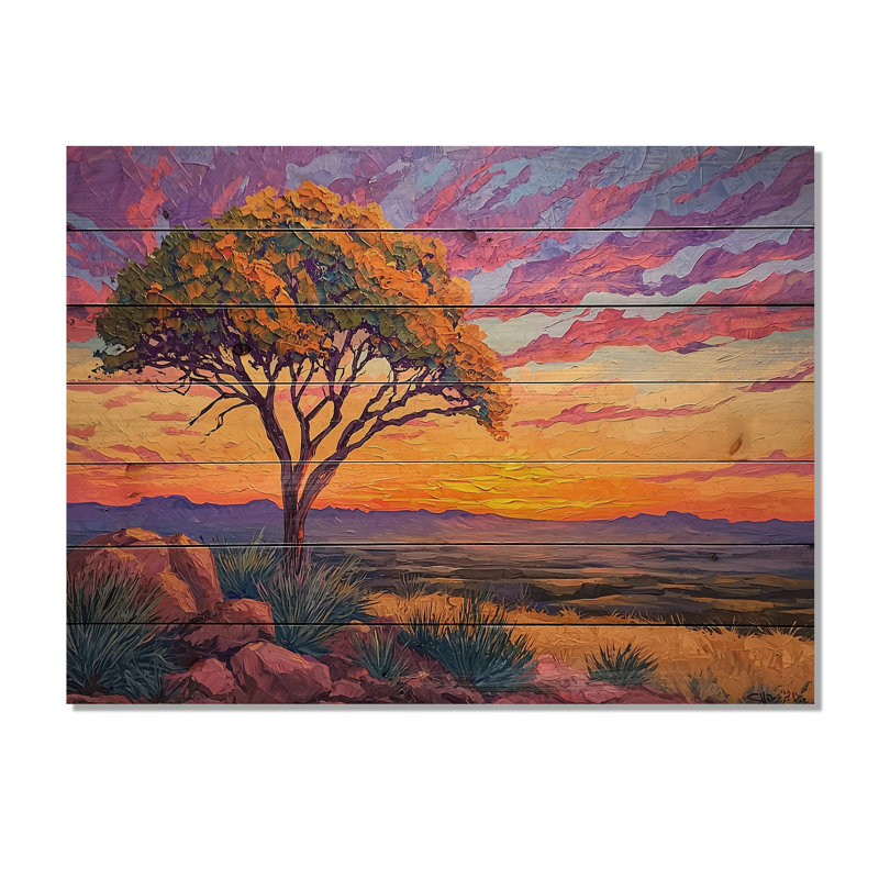 «El Paso Sunset II - Texas Landscape», art mural sur bois de pin naturel, H 24 po x l 32 po