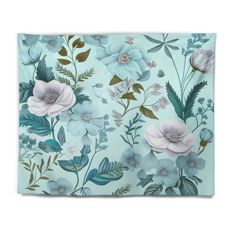 Polyester en fleurs pastel sur fond de tapisserie V bleu clair avec punaises, H 50 po x l 60 po