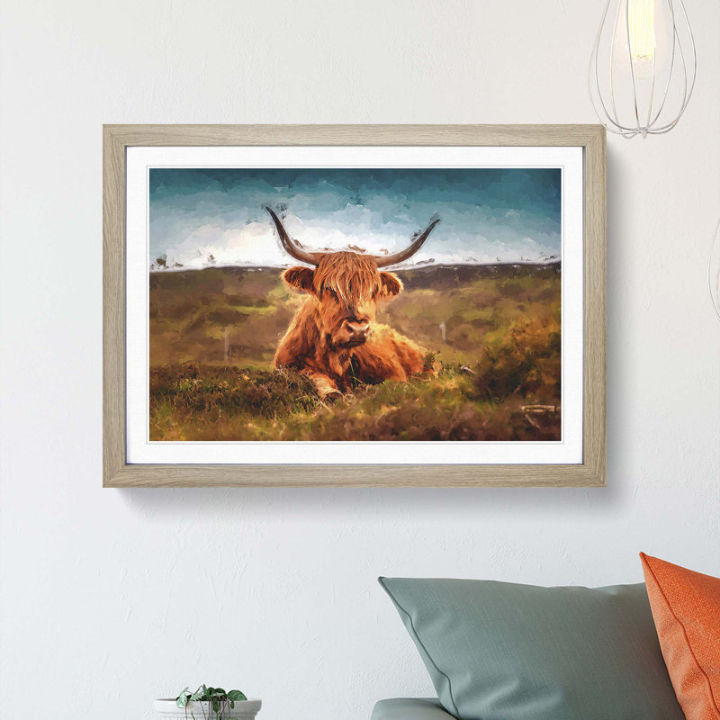A Resting Highland Cow in Abstract - Picture Frame Painting Print on MDF, 62cm H x 87cm W x 2cm D, Oak Framed