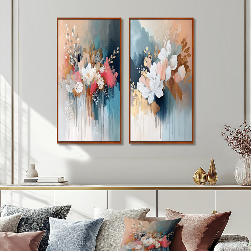 Ensemble de 2 pièces d'art mural blanc doré à motif floral Brushstroke III, H 32 po x l 32 po, Cadre flottant brun
