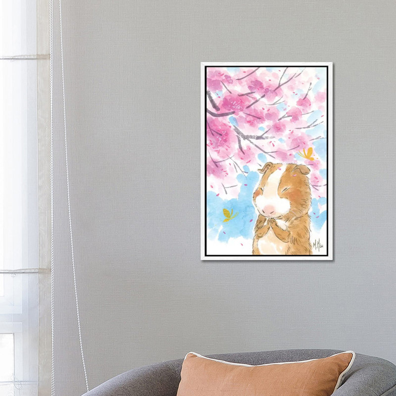 Cherry Blossom Guinea Pig by Martin Hsu - Painting on Canvas, 66.04 cm H x 45.72 cm W, White Framed