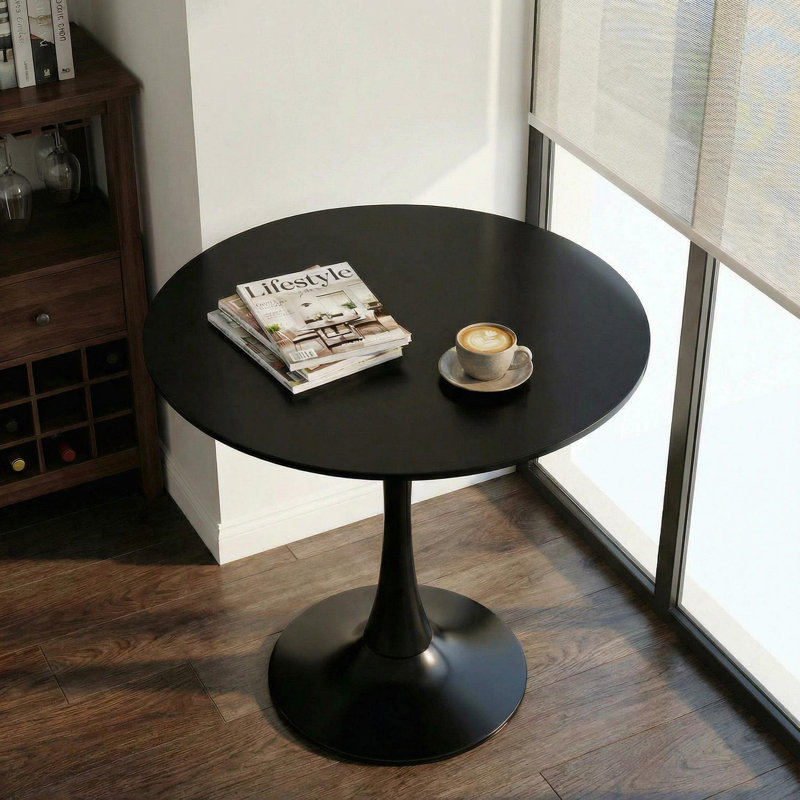 24" Tulip Round Pedestal Dining Table With Metal Base,Black, Black, 29.1" H x 23.6" L x 23.6" W