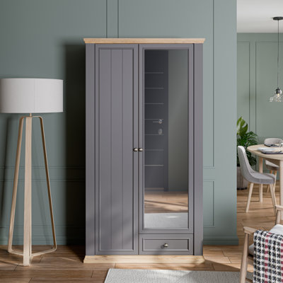 Rosswell Modern cottage style 2 door, 1 drawer wardrobe, mirror, engineered wood, light oak decor, 108.7 cm W x 202.1 cm H x 43.2 cm D