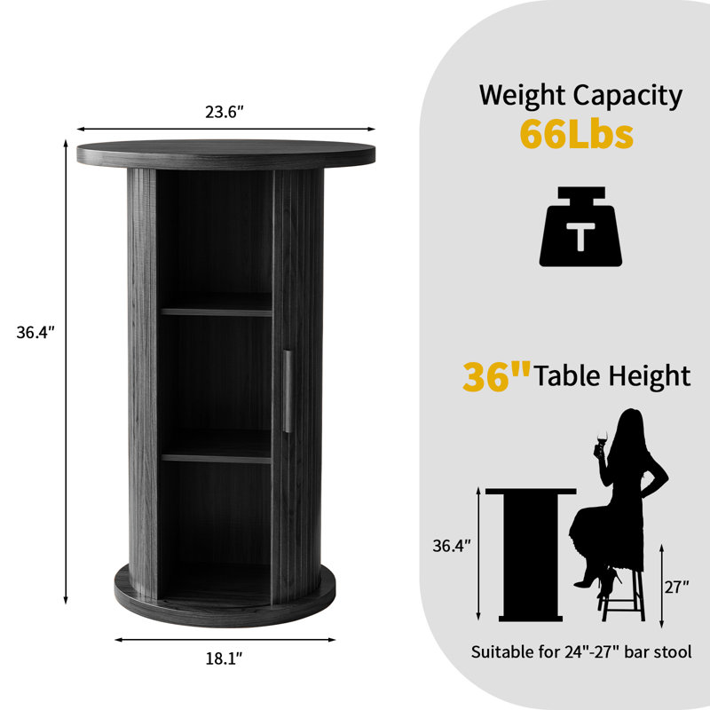 36.4" Tall Bar Table, Small Kitchen Cocktail Table, Sliding Door Round Fluted Base With Hidden Storage Space,For Small Space, Pub, Bistro, Living Room