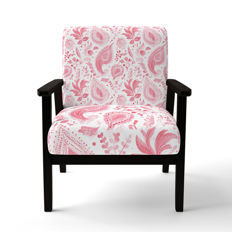Chaise rembourrée French Country - fauteuil rouge et blanc à motif cachemire délicat, Accoudoirs carrés noirs
