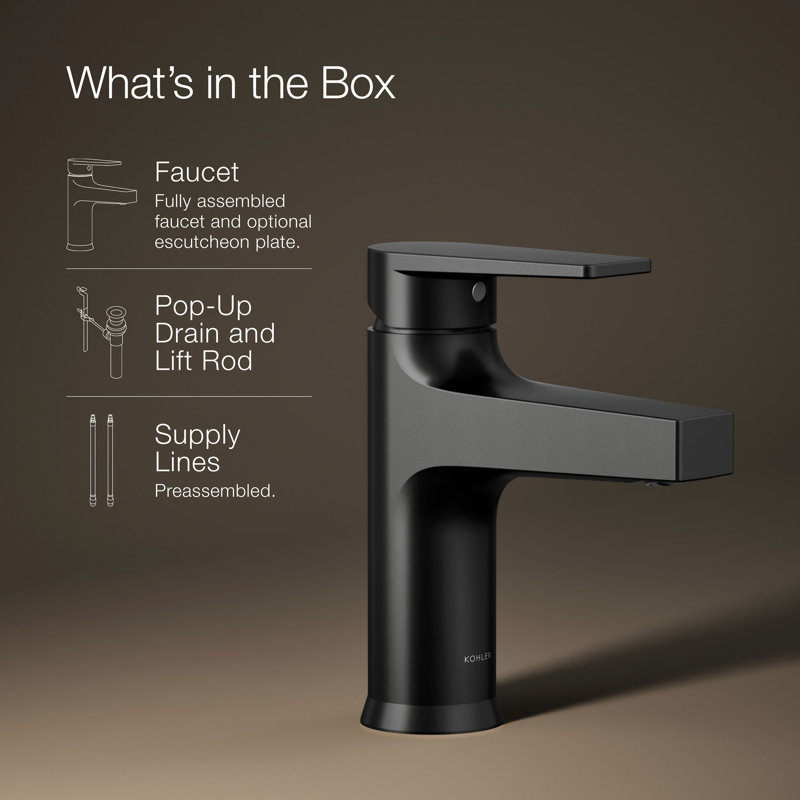 Kohler Taut Single-Handle Bathroom Faucet with Pop-Up Drain Assembly, One Hole Bathroom Sink Faucet, 1.2 gpm, Matte Black