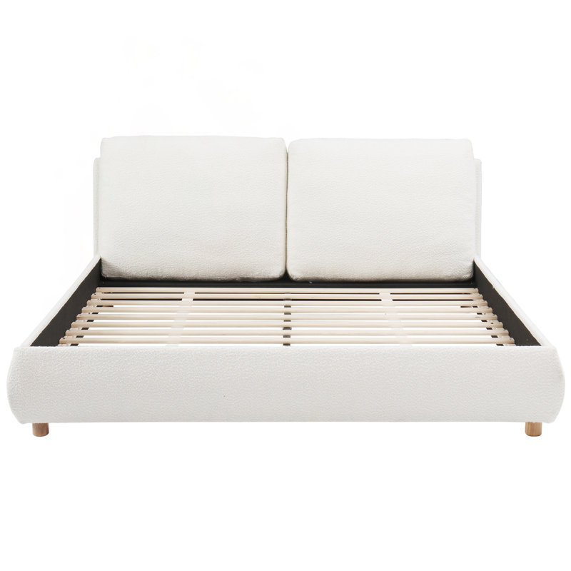 Grand lit plateforme tapissier avec deux têtes de lit amovibles, tissu bouclé doux et finition blanche élégante