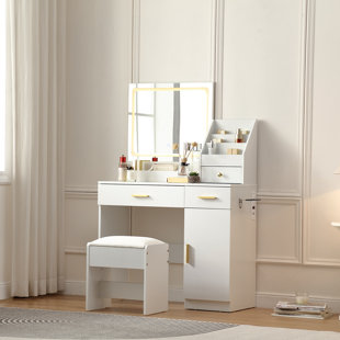 Bureau de coiffeuse avec 3 couleurs à DEL, prise de courant et organisateur de maquillage, table de maquillage avec fauteuil confortable et support pour sèche-cheveux, blanc