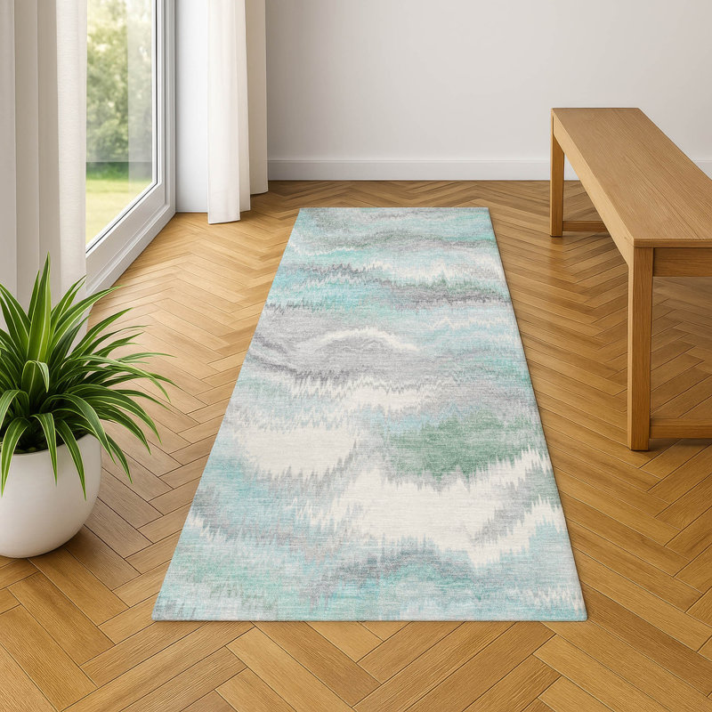 Premium Machine Washable Mayfield AMF2258 Swirls Rug, 2'3" x 7'6" Runner, Teal