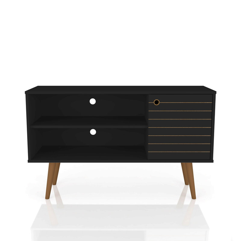 Liberty 43" Mid-Century Modern 3-Shelf TV Stand for TVs up to 43" in Black, Black with Exposed Wood
