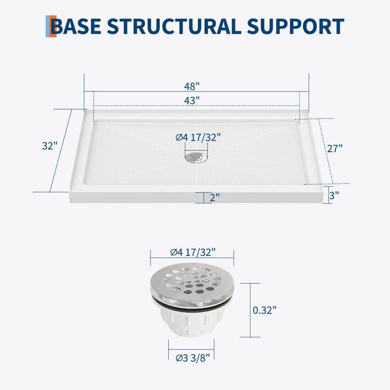 Base de douche antidérapante - ABS durable, bonde centrale, surface texturée, certifiée CUPC et certifiée par la Safety Association, légère, avec trousse de bonde incluse - idéale pour la rénovation de salle de bain
