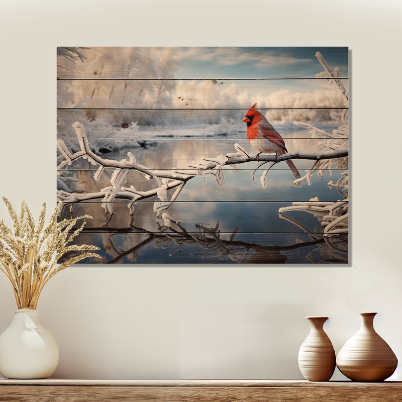 Canada, cardinal rouge, Winter Wonderland III, reproduction sur bois naturel, H 24 po x l 32 po x P 0,78 po