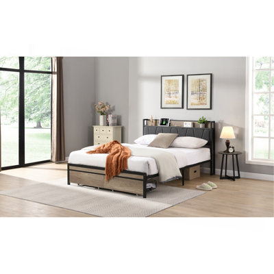 Structure de lit plateforme grand lit en métal avec tête de lit avec fonction de rangement en tissu d'ameublement, doublure et pied de lit USB avec tiroirs