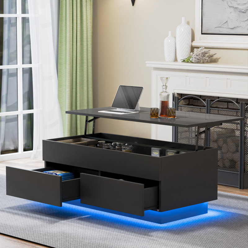 Black Rectangular Wood Lift-Top Coffee Table with Storage and LED Lights