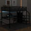 Lit mezzanine double en métal avec bureau, escalier de rangement et lumière DEL