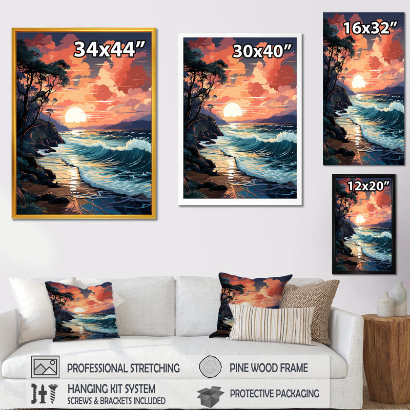 Coucher de soleil orange sur une plage audacieuse II - art mural plage, Cadre photo blanc, H 40 po x l 30 po x P 1,5 po