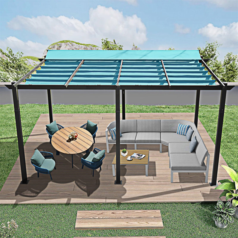 Pergola d'extérieur rétractable avec auvent résistant aux intempéries, L 190,82 po x P 132,02 po, Bleu lac