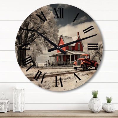Red Turck On Farmhouse Country Winter - Farmhouse Oversized Wood Wall Clock