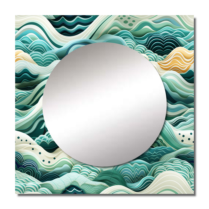 Motif de vagues côtières vertes à motif de chevrons - miroir mural abstrait carré pour chambre à coucher, 36 po x 36 po