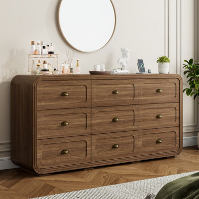 Commode à 9 tiroirs pour chambre à coucher, grande commode de 160 cm de large, meuble télé moderne au design incurvé, rangement en bois pour salon, noyer