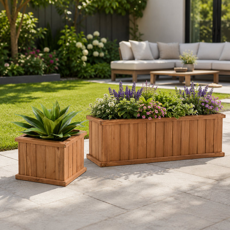 Ensemble de 2 pots à fleurs d'extérieur en bois de cèdre avec drainage, carré de 15 pouces et rectangulaire de 48 pouces, brun