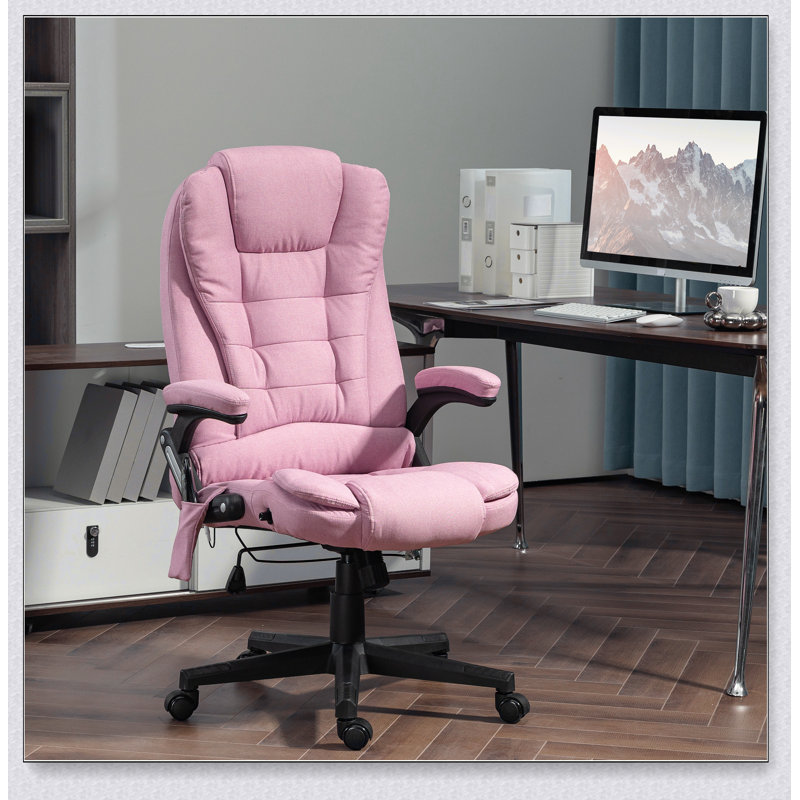 Fauteuil de bureau vibrant à 6 points avec massage chauffant, dossier haut inclinable en lin avec dossier inclinable, accoudoirs rembourrés et télécommande, crème 
