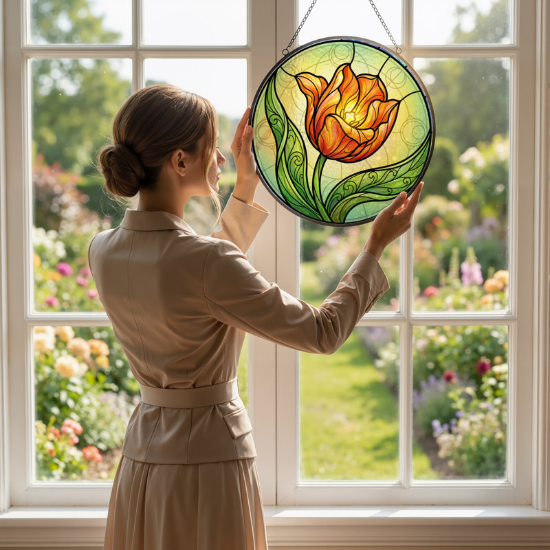 Panneau de vitrail 12 "H Tulip Flower, H 12 po x l 12 po