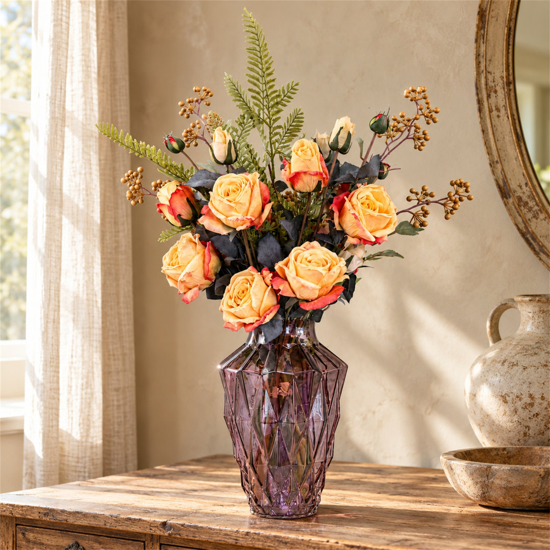 Leaf Yellow Rose Artificial Flower Bundle with Geometric Glass Vase 65cm 6 Pack - Image 5